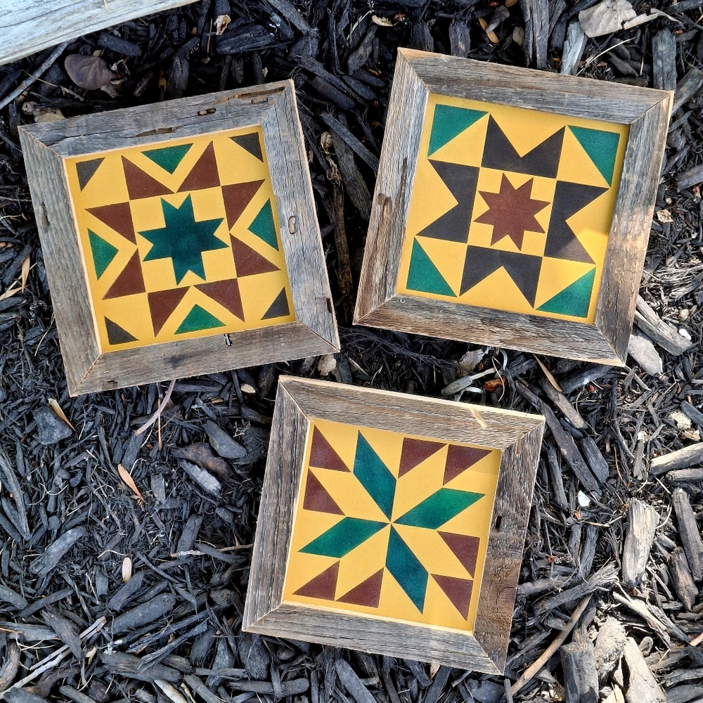 Fall Barn Quilt Squares Painted Rustic Wood Sign Set Crafted Shelf Leaners